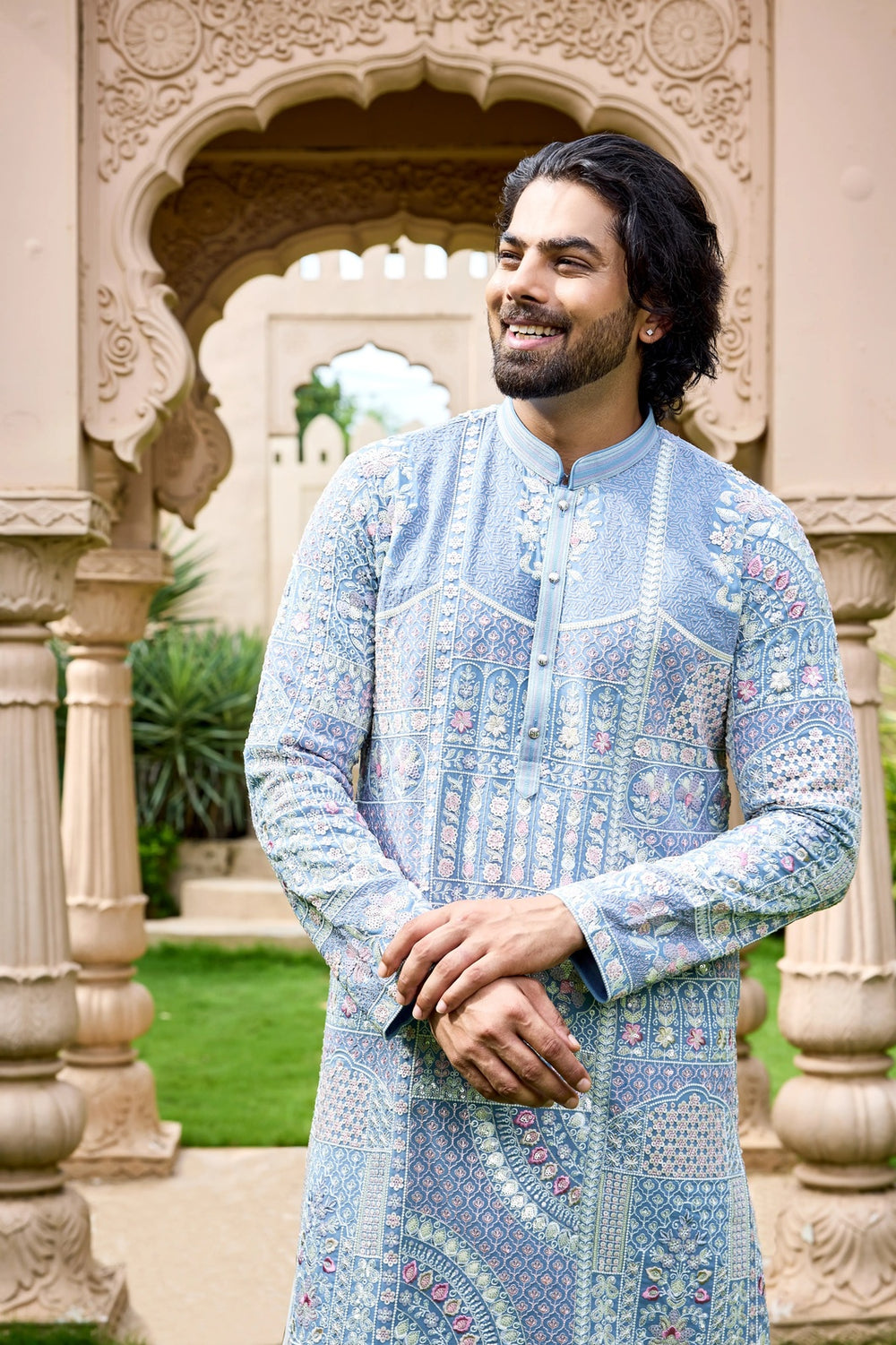 Men’s Kurta – Sky Blue Pastel Floral Kurta Set