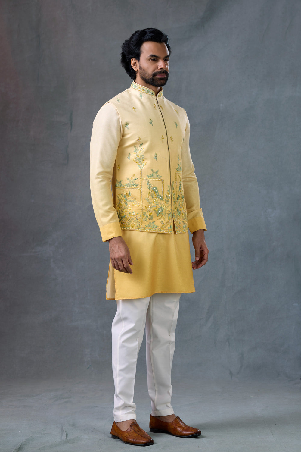 Mustard Embroidered Nehru Jacket Kurta Set For Men Ethnic Wear
