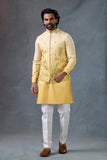 Mustard Embroidered Nehru Jacket Kurta Set For Men Groom Outfit
