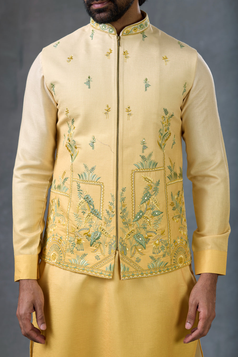 Mustard Embroidered Nehru Jacket Kurta Set For Men Occasion Wear