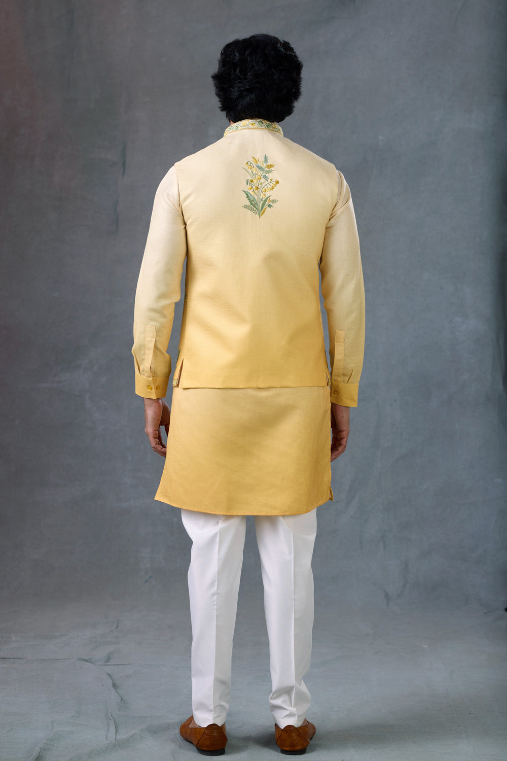 Mustard Embroidered Nehru Jacket Kurta Set For Men Party Wear