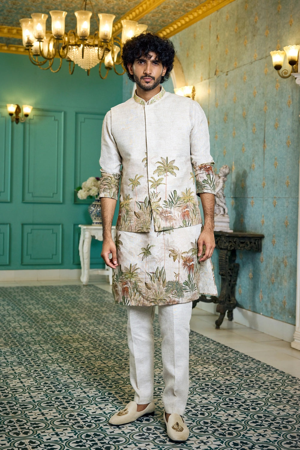 Natural Shade Linen Kurta Set with Printed Jacket