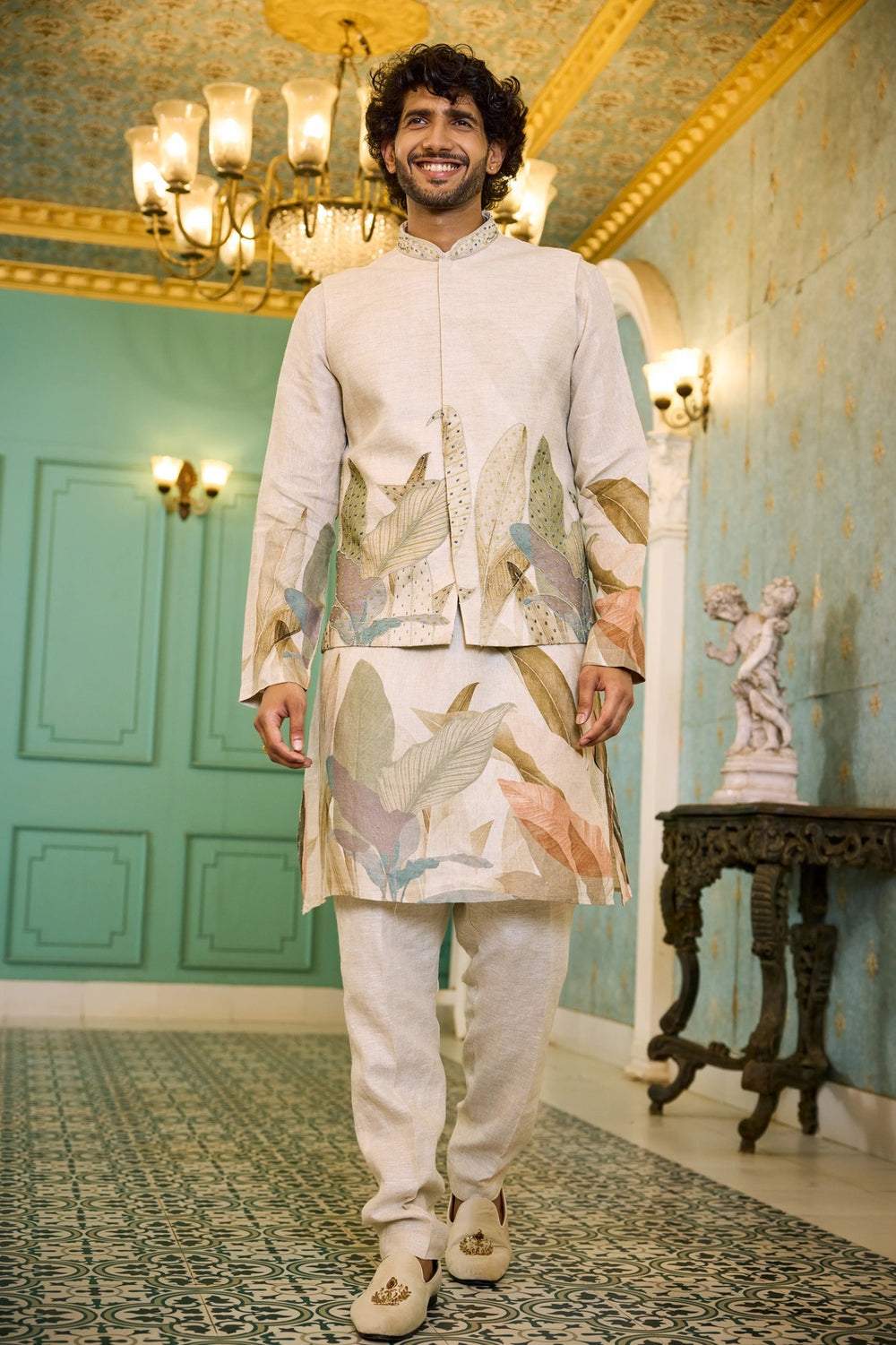 Natural Shade Linen Leaf Print Jacket Kurta Set