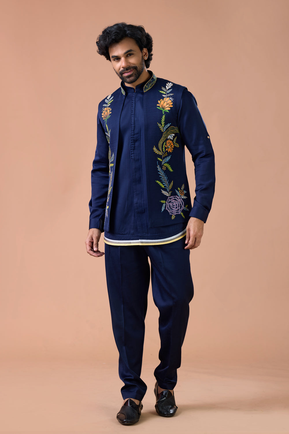 Navy Blue Floral Embroidered Nehru Jacket Kurta Set For Men Groom Outfit