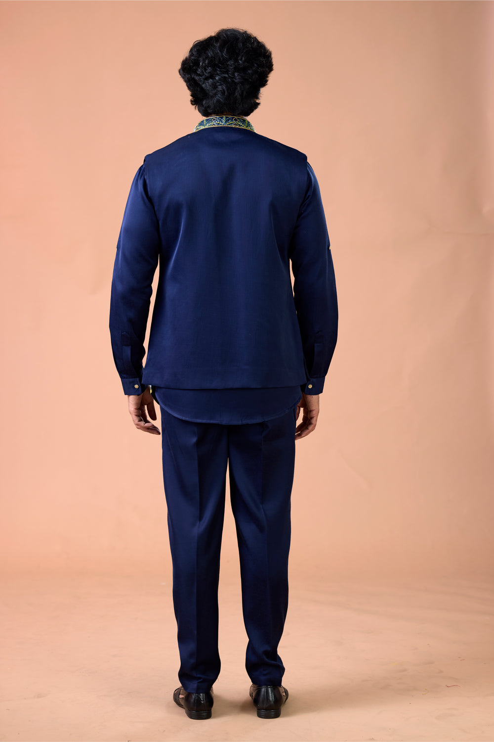 Navy Blue Floral Embroidered Nehru Jacket Kurta Set For Men Party Wear