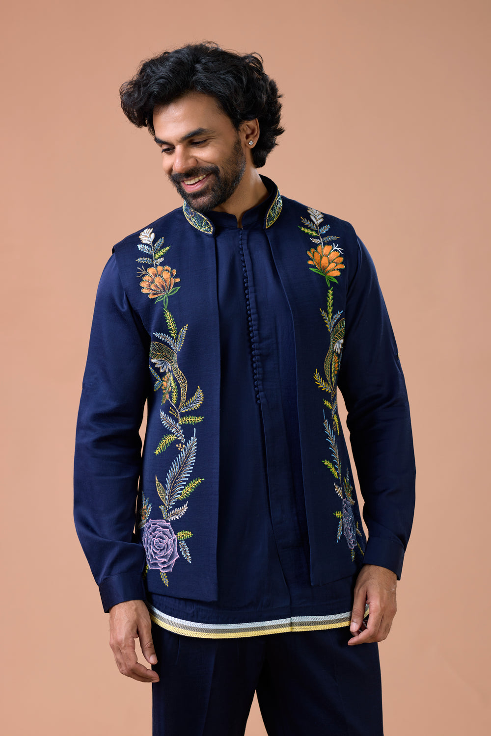 Navy Blue Floral Embroidered Nehru Jacket Kurta Set For Men Traditional Outfit