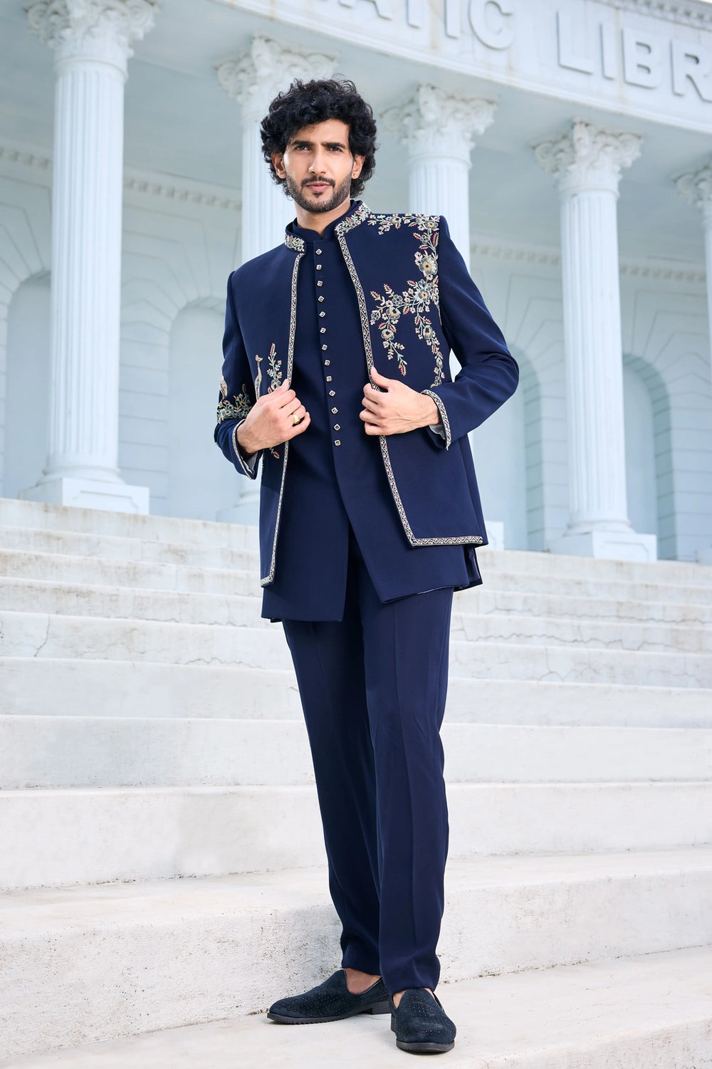 Navy Blue Indo-Western with Multicolour Floral Embroidery