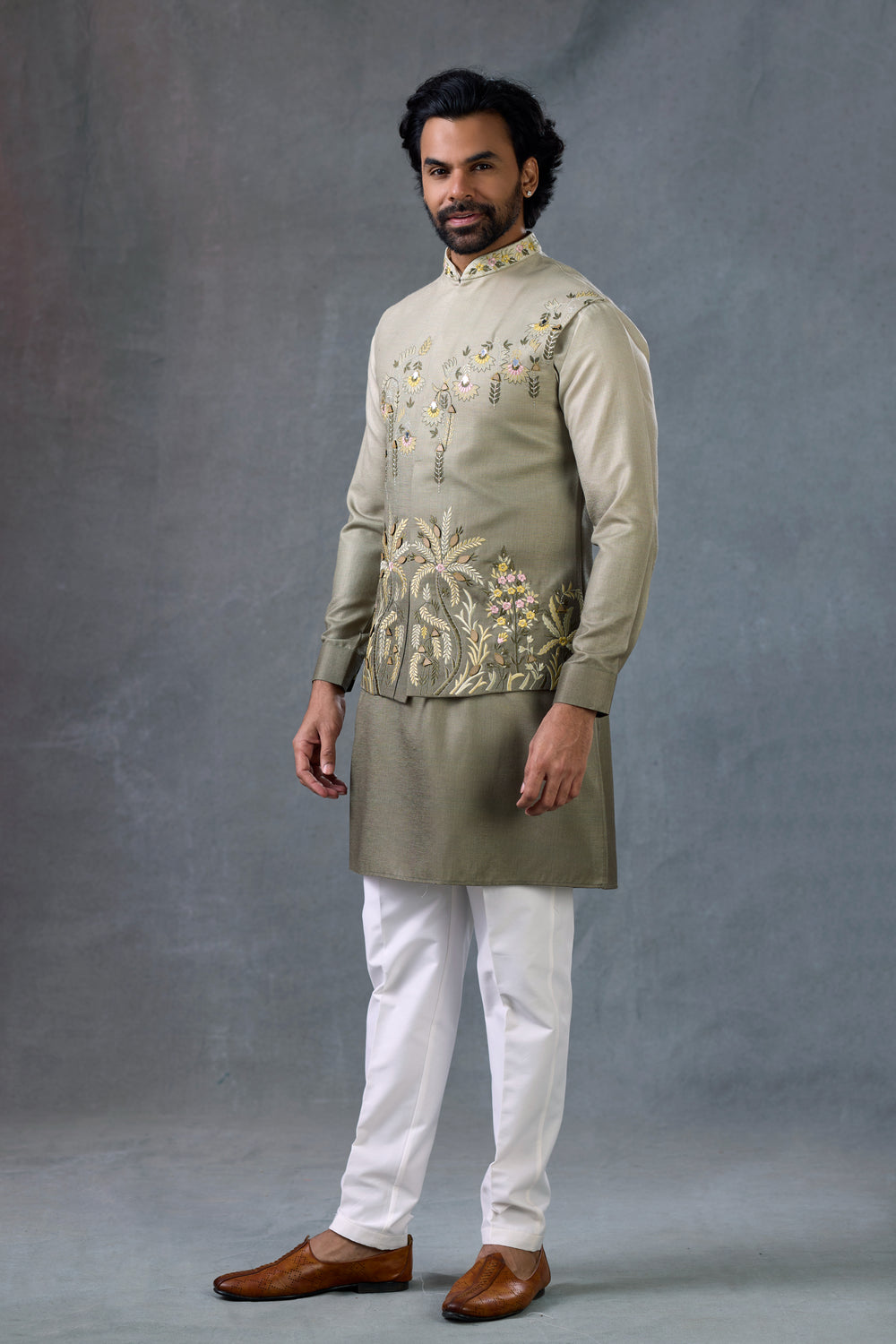 Olive Embroidered Nehru Jacket Kurta Set For Men Groom Outfit