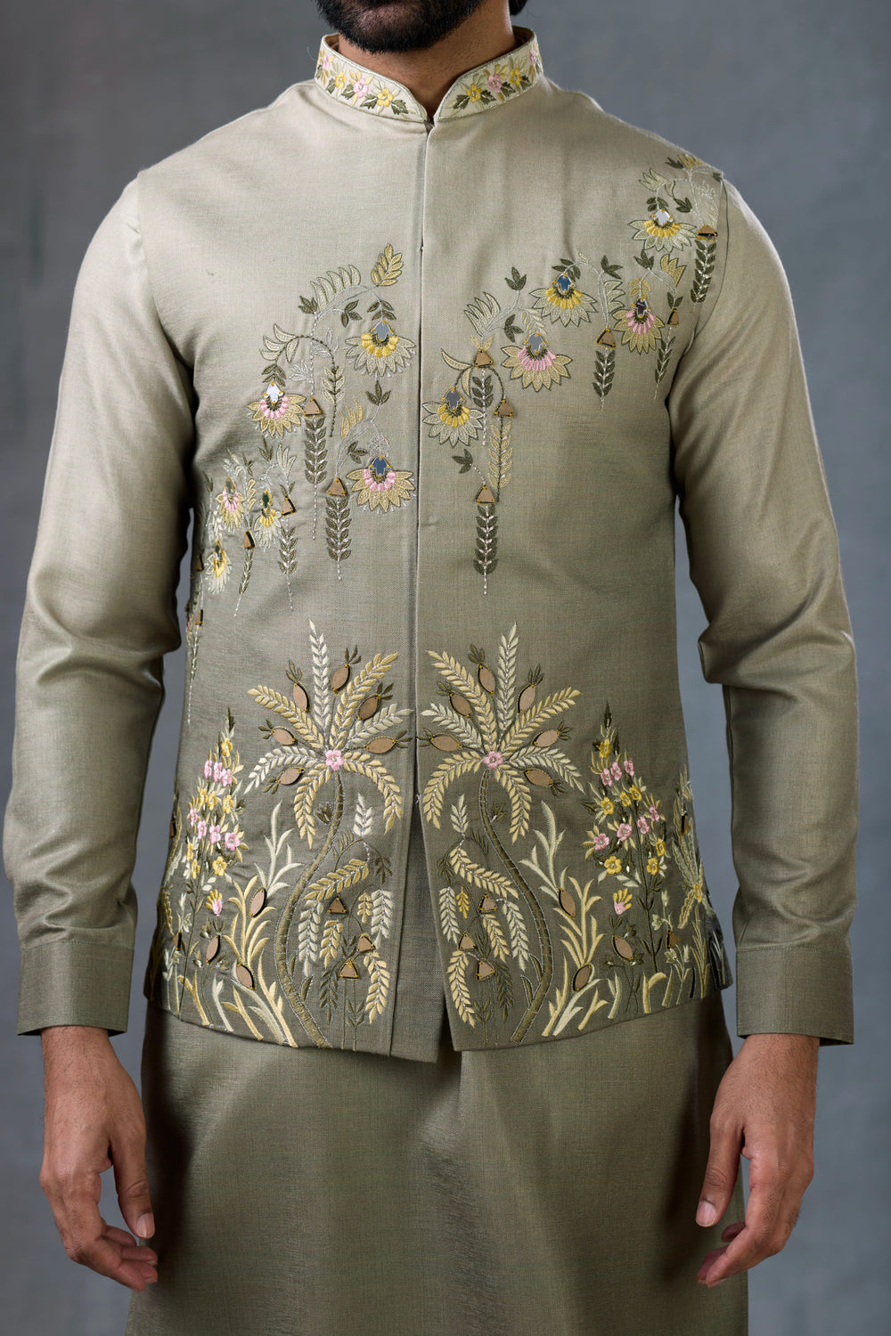 Olive Embroidered Nehru Jacket Kurta Set For Men Traditional Outfit