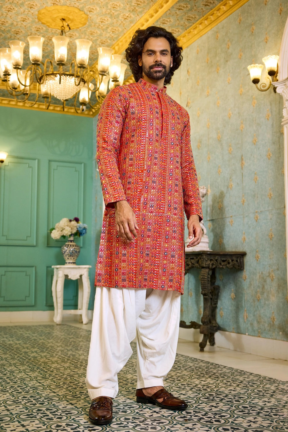 Orange Multicolour Embroidered Festive Kurta