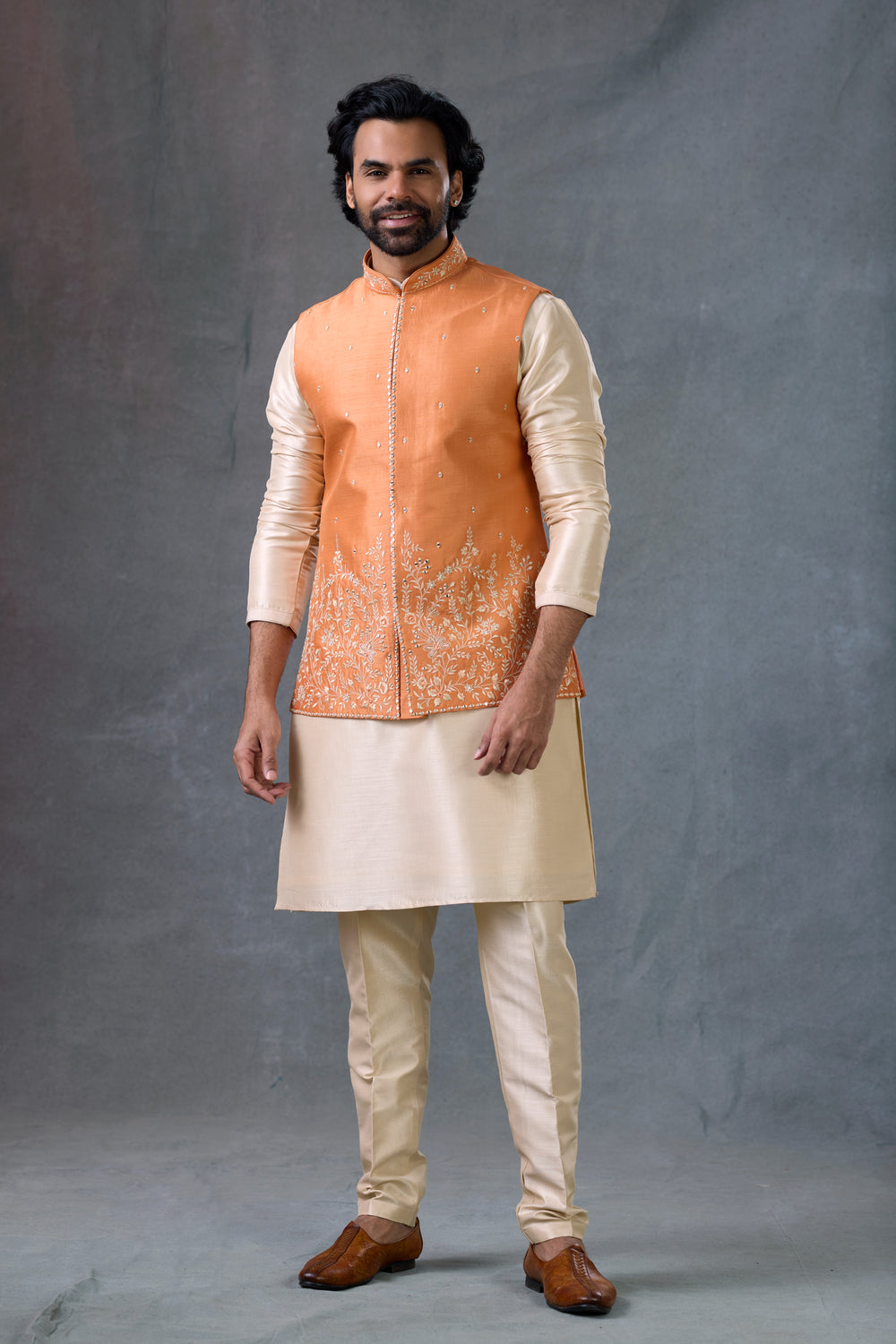 Peach Beige Wedding Kurta With Embroidered Waistcoat Ethnic Wear