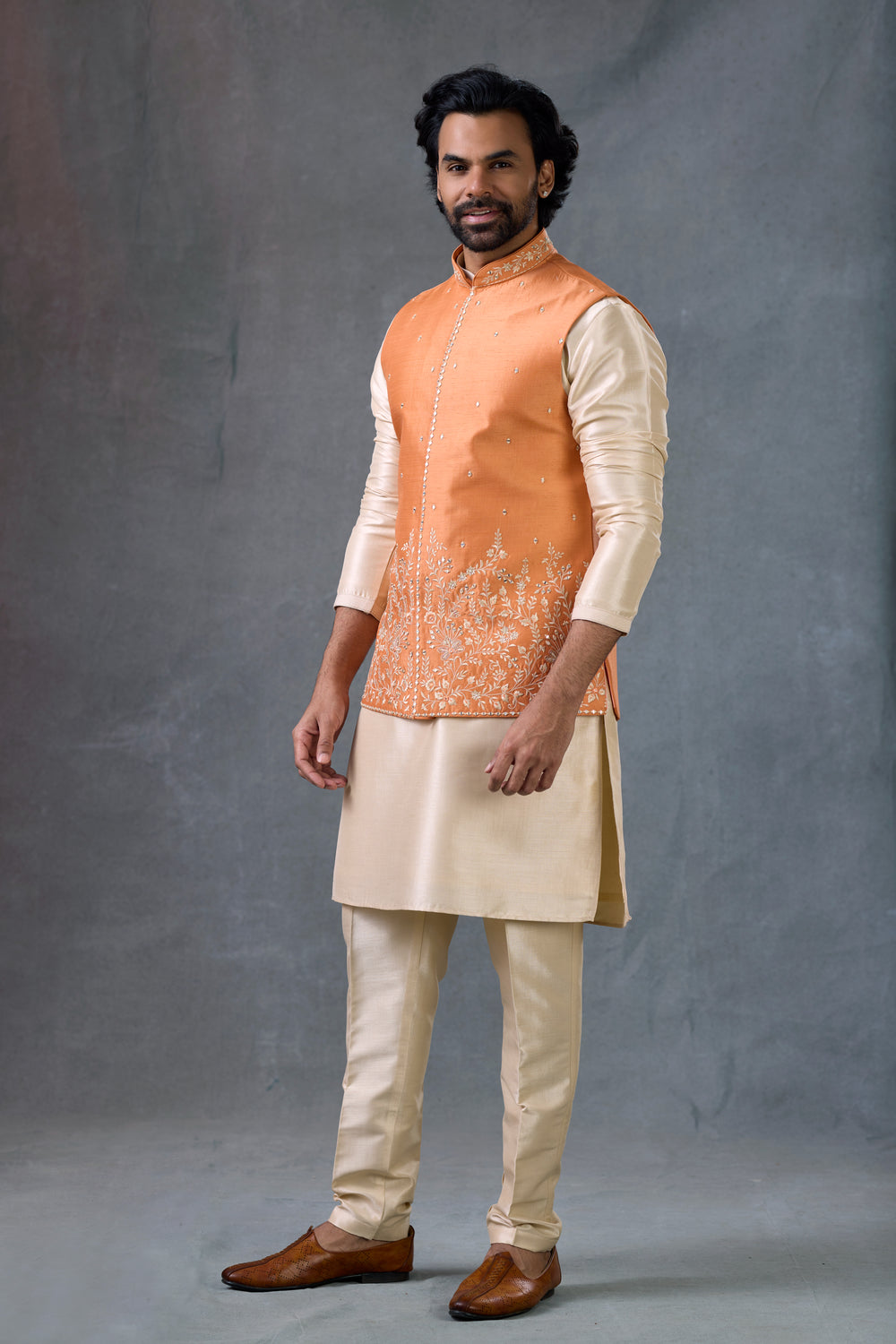 Peach Beige Wedding Kurta With Embroidered Waistcoat Groom Outfit