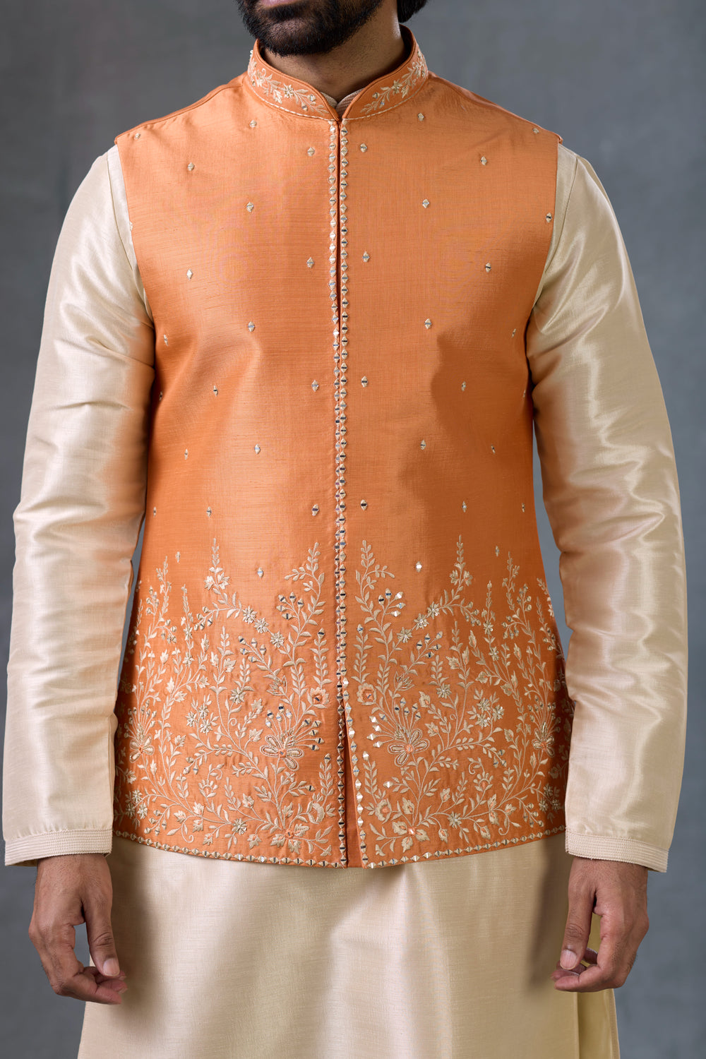 Peach Beige Wedding Kurta With Embroidered Waistcoat Occasion Wear
