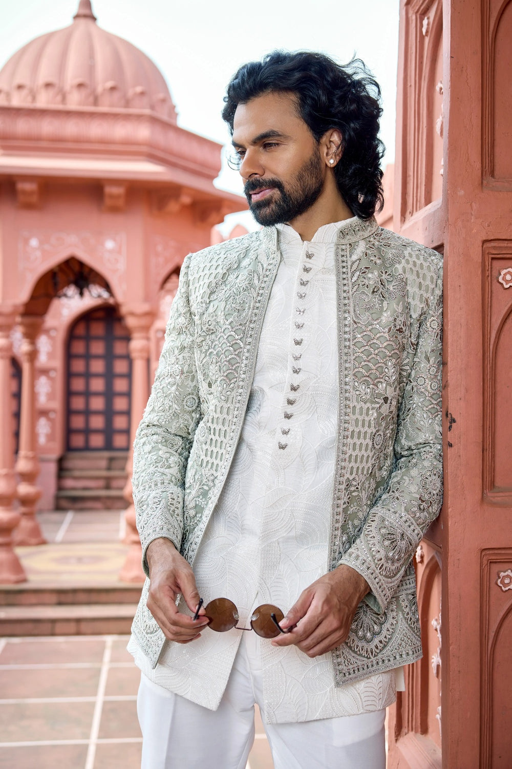 Pista Green Embroidered Indo-Western for Men