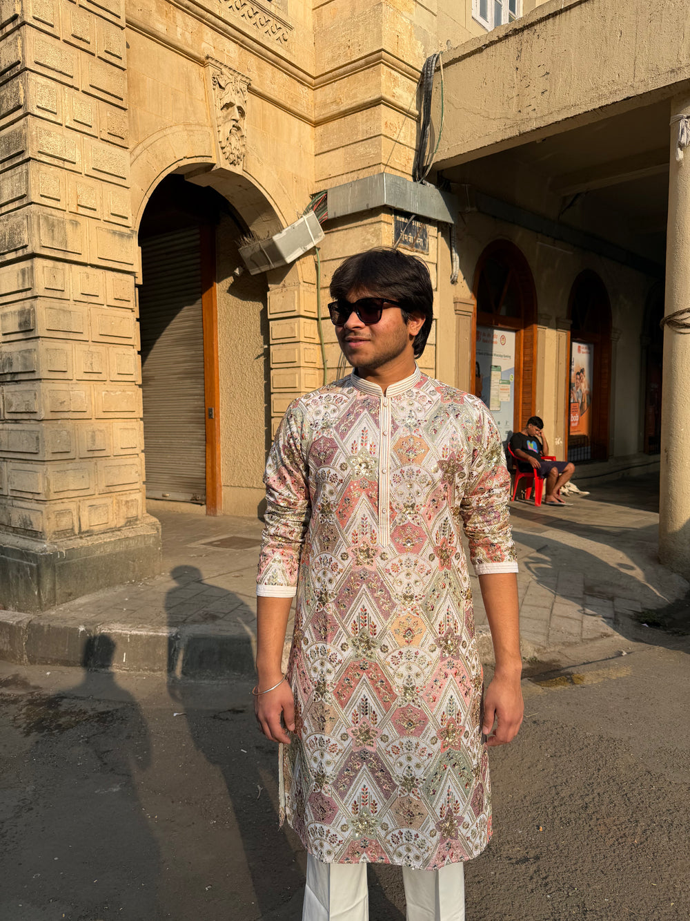 Premium embroidered kurta ivory multicolor men