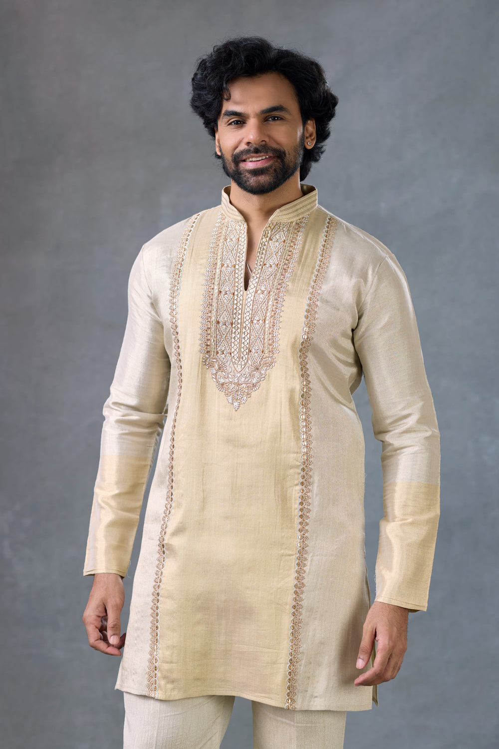 Premium Gold Tissue Festive V Neck Kurta Ceremony Outfit