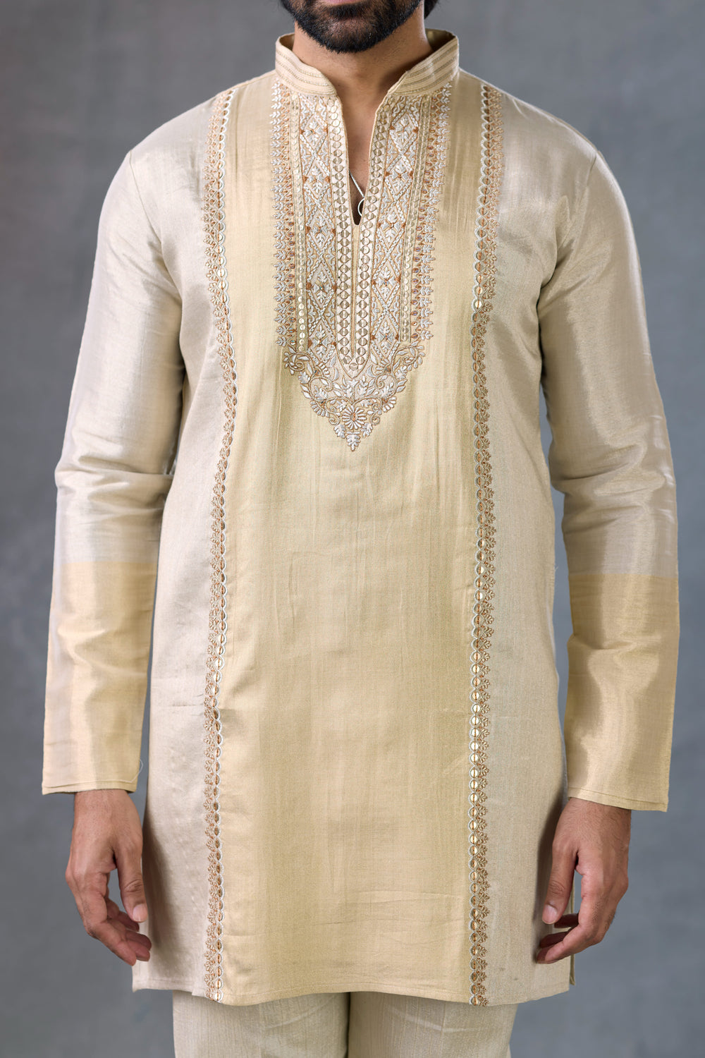 Premium Gold Tissue Festive V Neck Kurta Occasion Wear