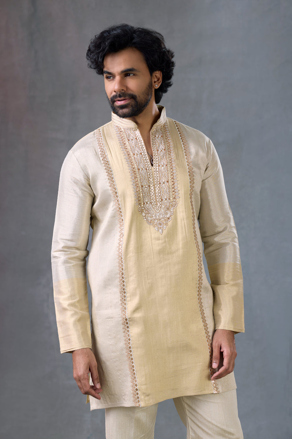 Premium Gold Tissue Festive V Neck Kurta Party Wear