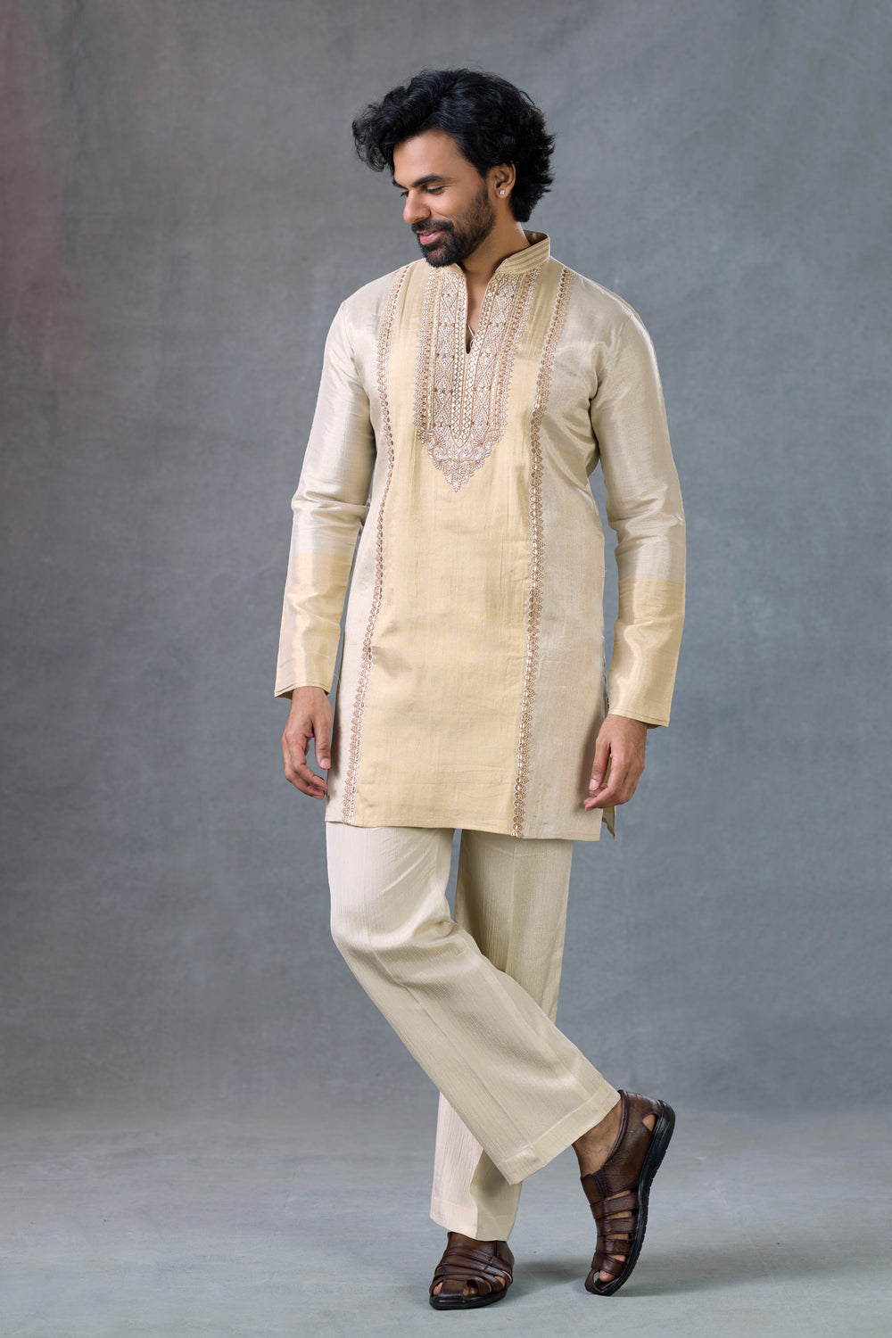 Premium Gold Tissue Festive V Neck Kurta Wedding Outfit