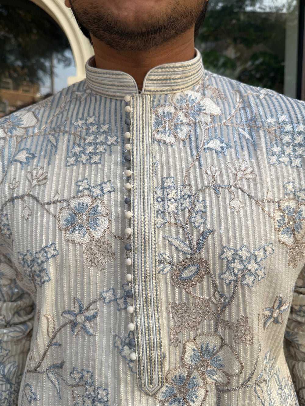 Premium Kurta Set – Ivory Blue Floral Embroidered Kurta for Men