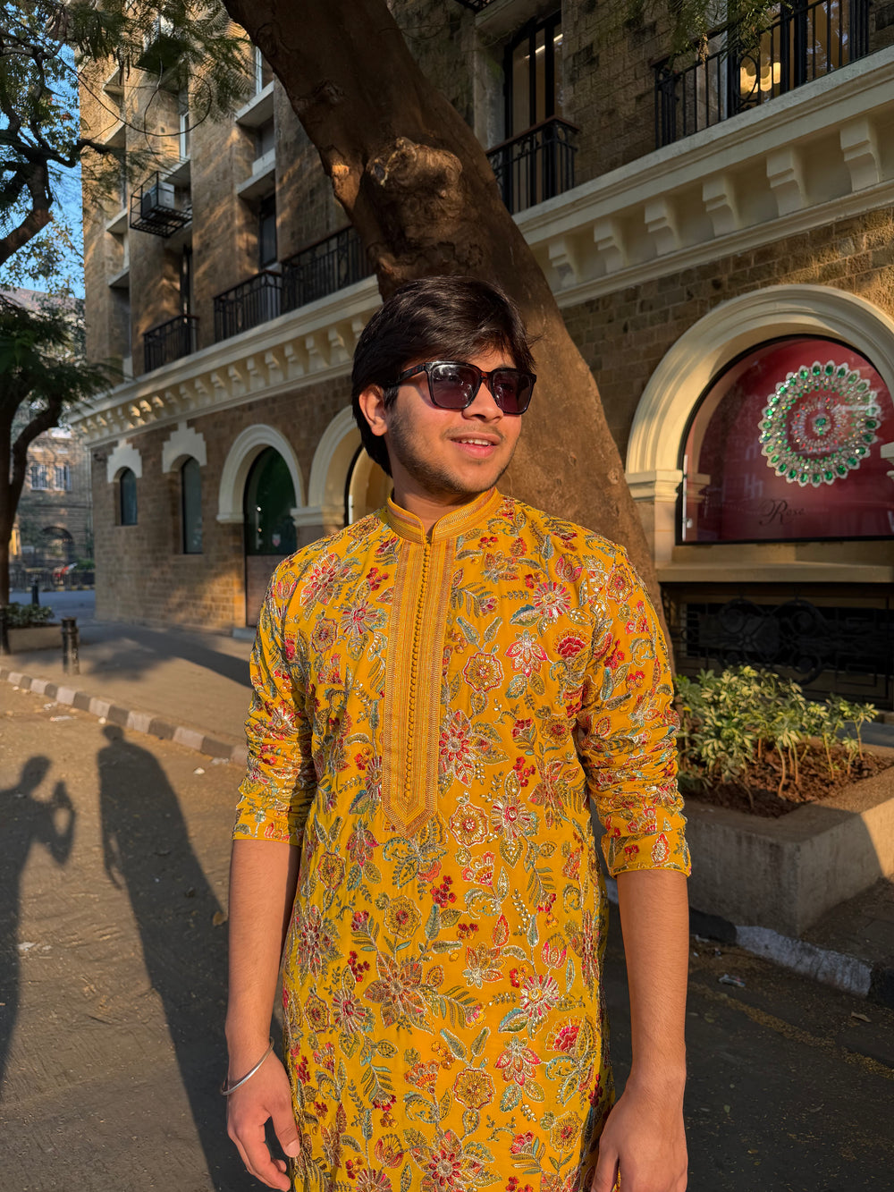 Premium Kurta Set – Mustard Yellow Floral Embroidered Kurta for Men