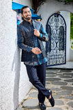 Royal Blue Open Jacket Kurta Set with Metallic Detailing