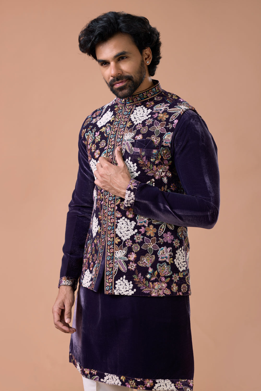 Royal Purple Embroidered Nehru Jacket Kurta Set Party Wear