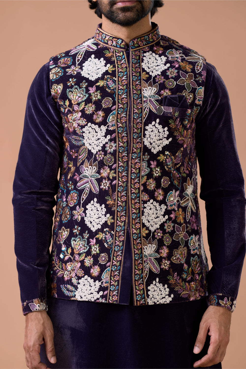 Royal Purple Embroidered Nehru Jacket Kurta Set Traditional Outfit
