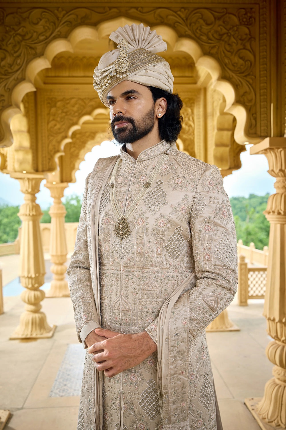 Royal sherwani - Beige Gold Jardozi Sherwani with Pearl Handwork