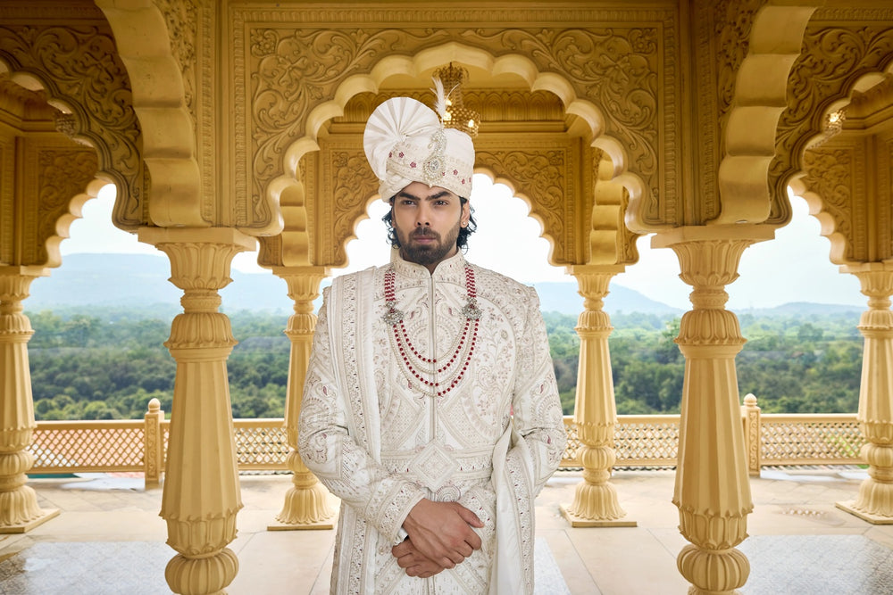 Royal sherwani - Ivory Maharaja Wedding Sherwani with Maroon Touch