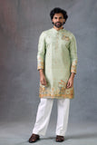 Sage Green Elephant Print Kurta Set With Dupatta For Men Ethnic Wear