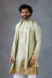 Sage Green Elephant Print Kurta Set With Dupatta For Men Festive Attire