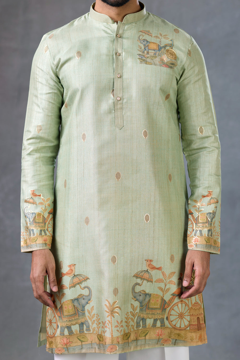 Sage Green Elephant Print Kurta Set With Dupatta For Men Party Wear
