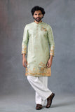 Sage Green Elephant Print Kurta Set With Dupatta For Men Wedding Outfit
