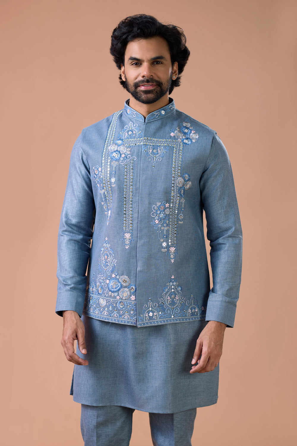 Steel Blue Linen Embroidered Nehru Jacket Kurta Set Ethnic Wear