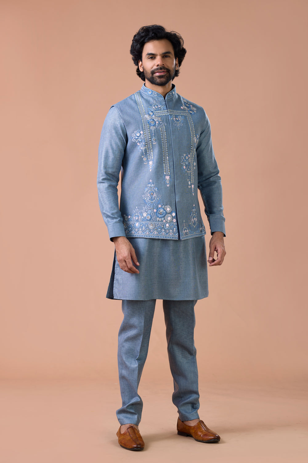 Steel Blue Linen Embroidered Nehru Jacket Kurta Set Groom Outfit