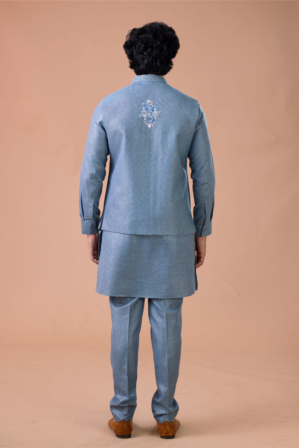 Steel Blue Linen Embroidered Nehru Jacket Kurta Set Occasion Wear