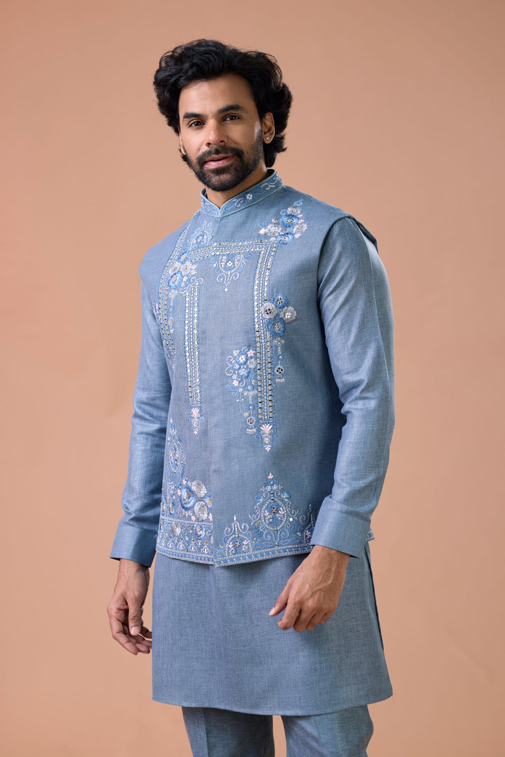 Steel Blue Linen Embroidered Nehru Jacket Kurta Set Party Wear