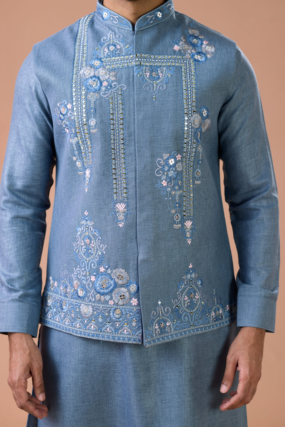Steel Blue Linen Embroidered Nehru Jacket Kurta Set Traditional Outfit