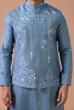 Steel Blue Linen Embroidered Nehru Jacket Kurta Set Traditional Outfit