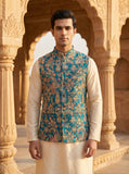 Teal Green Floral Embroidered Nehru Koti for Men
