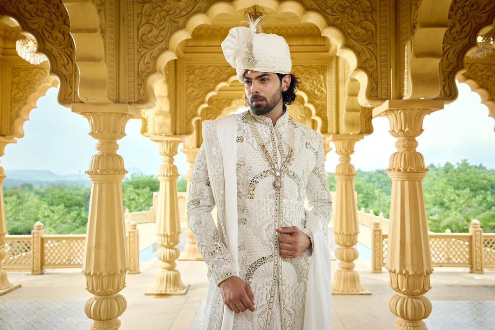 Traditional sherwani - Ivory Luxury Anarkali Sherwani with Mirror Handwork