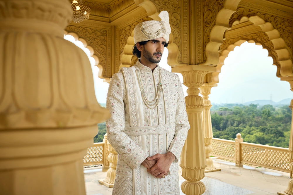 Traditional sherwani - Ivory Regal Anarkali Sherwani with Dupatta