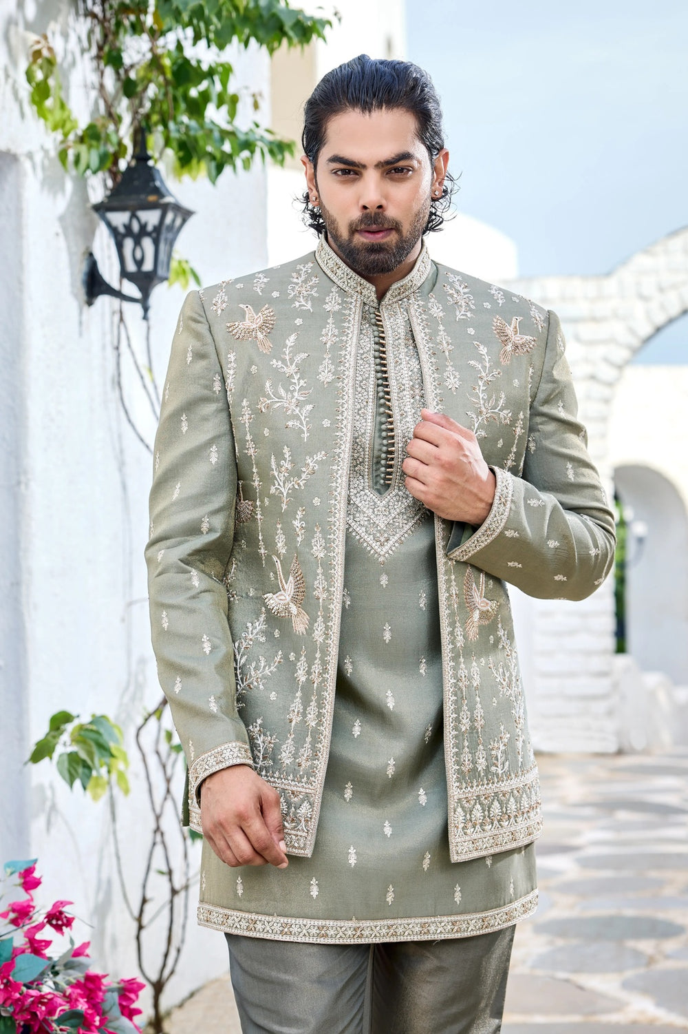 Wedding indo-western - Mehendi Green Indo-Western with Gold Hand Embroidery