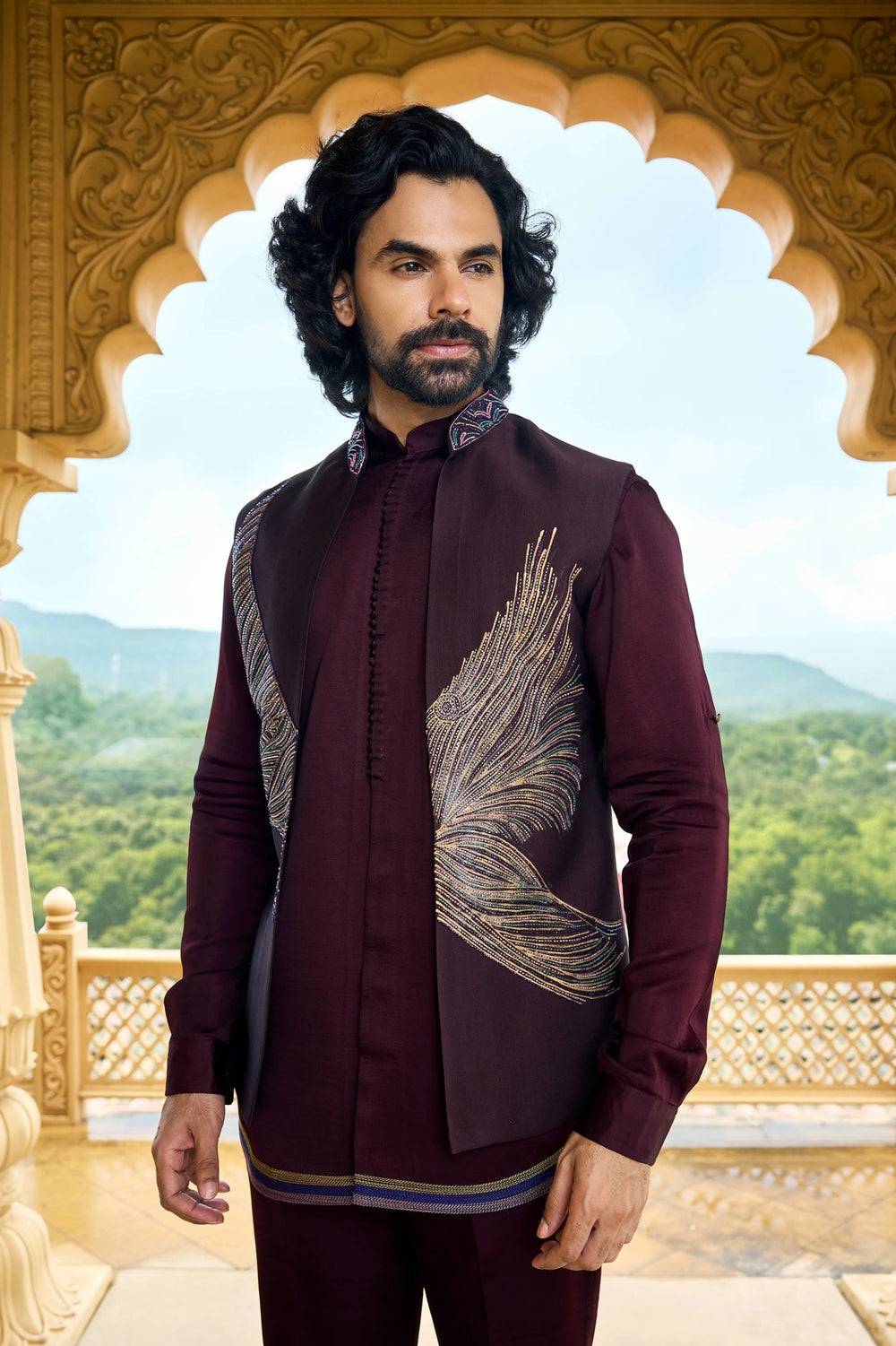Wedding indo-western - Wine Eagle Motif Short Jacket Indo-Western Set