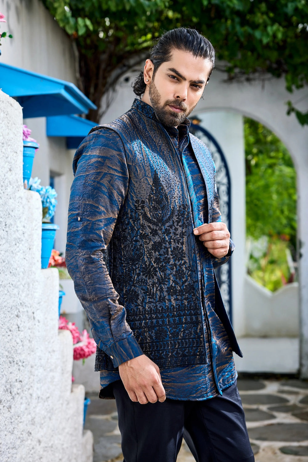 Wedding jacket kurta - Royal Blue Open Jacket Kurta Set with Metallic Detailing