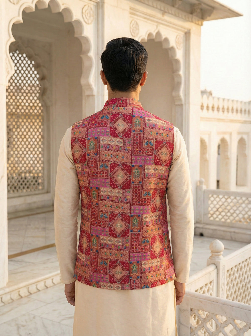Wedding Koti - Rani Pink Multicolor Geometric Pattern Nehru Koti for Men