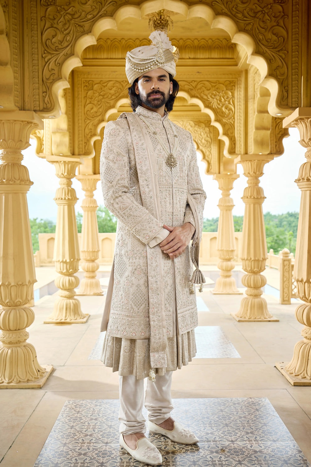 Wedding sherwani - Beige Gold Jardozi Sherwani with Pearl Handwork