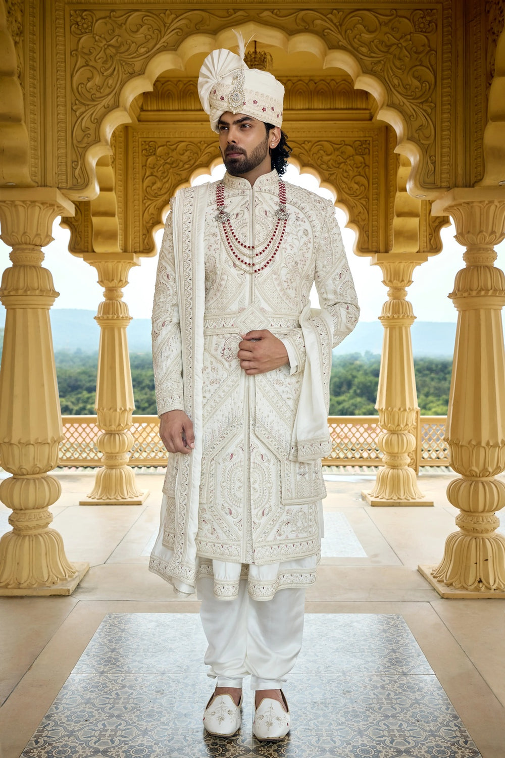 Wedding sherwani - Ivory Maharaja Wedding Sherwani with Maroon Touch