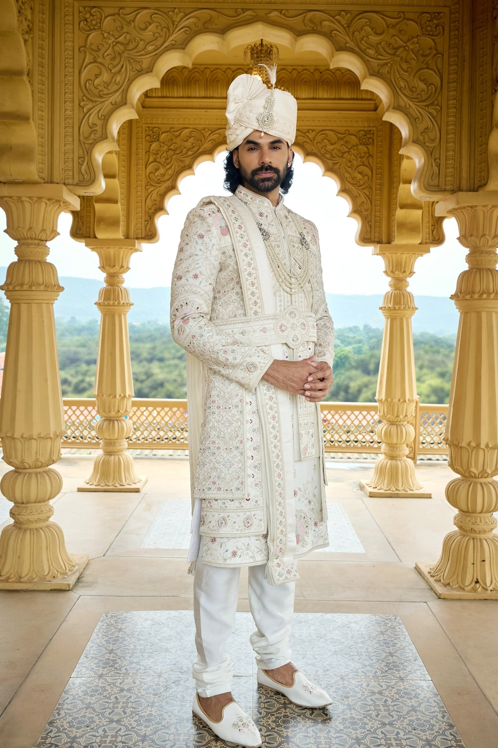 Wedding sherwani - Ivory Pastel Embroidered Groom Sherwani with Belt & Dupatta